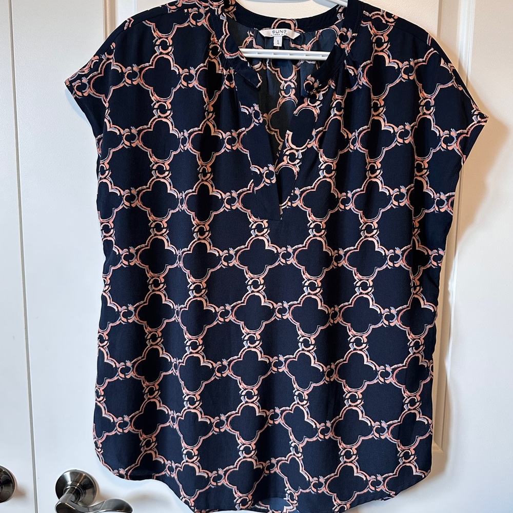 Alfred SUNG navy-peach patterned sleeveless top sz Lg